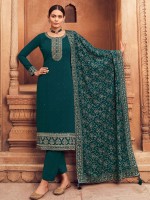 Teal Green Pure Georgette Sequins Embroidered Designer Salwar Kameez